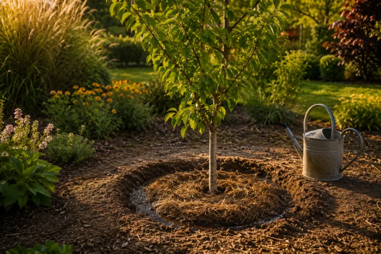 Jeune arbre au jardin avec cuvette d'arrosage et paillage naturel