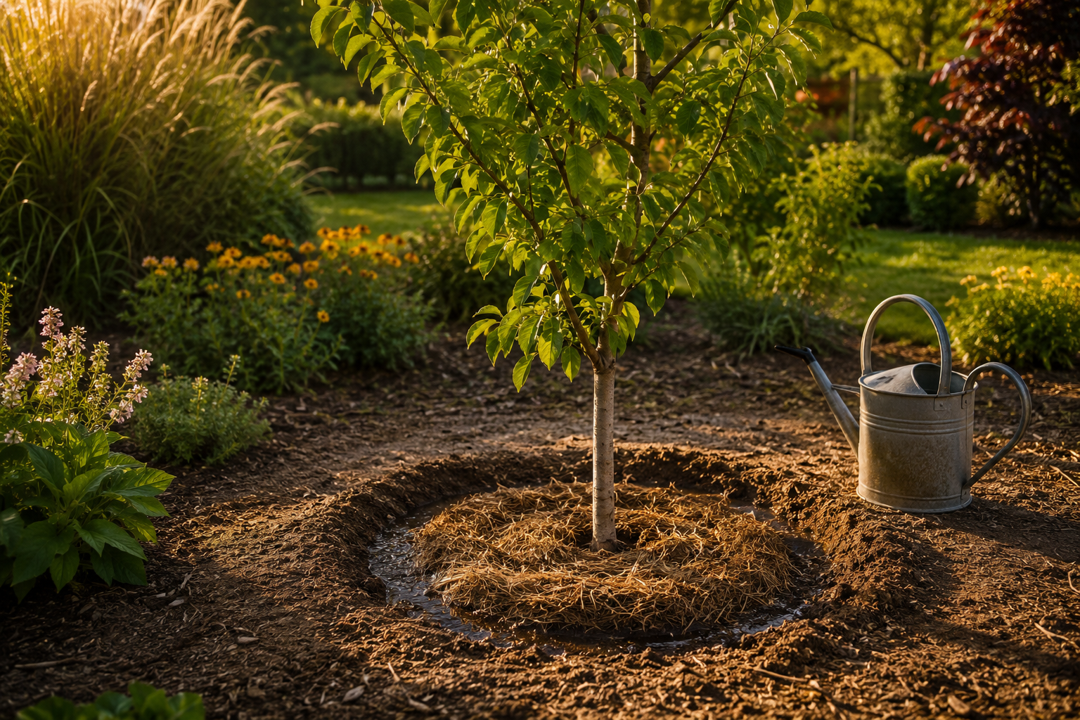 Jeune arbre au jardin avec cuvette d'arrosage et paillage naturel