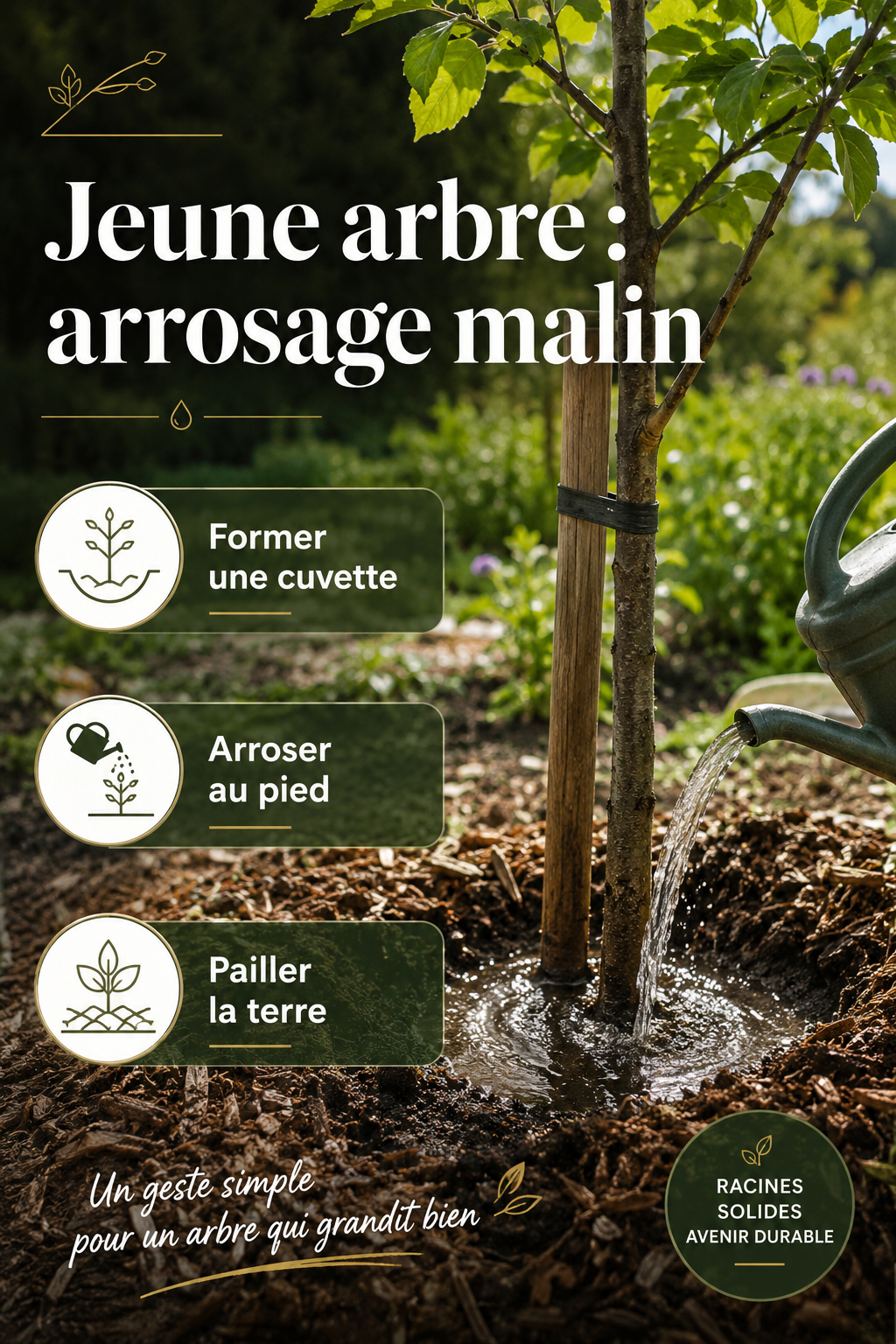 Infographie des étapes simples pour arroser un jeune arbre