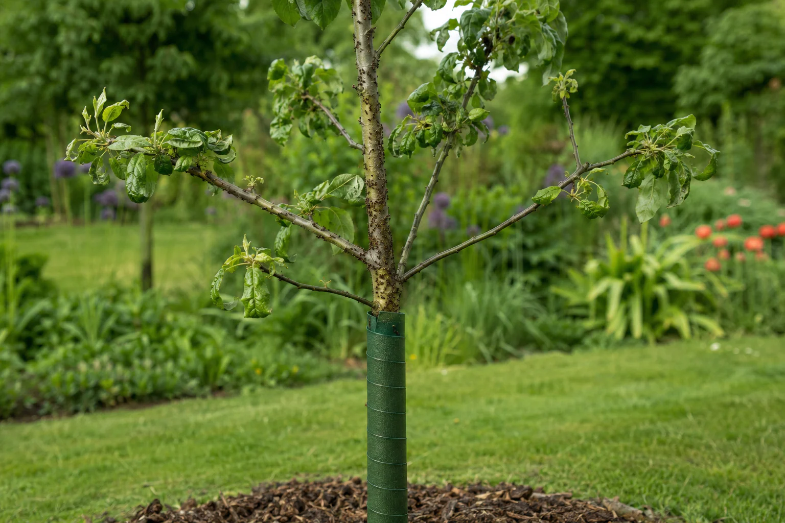 Jeune arbre au jardin avec fourmis sur le tronc et feuilles légèrement enroulées