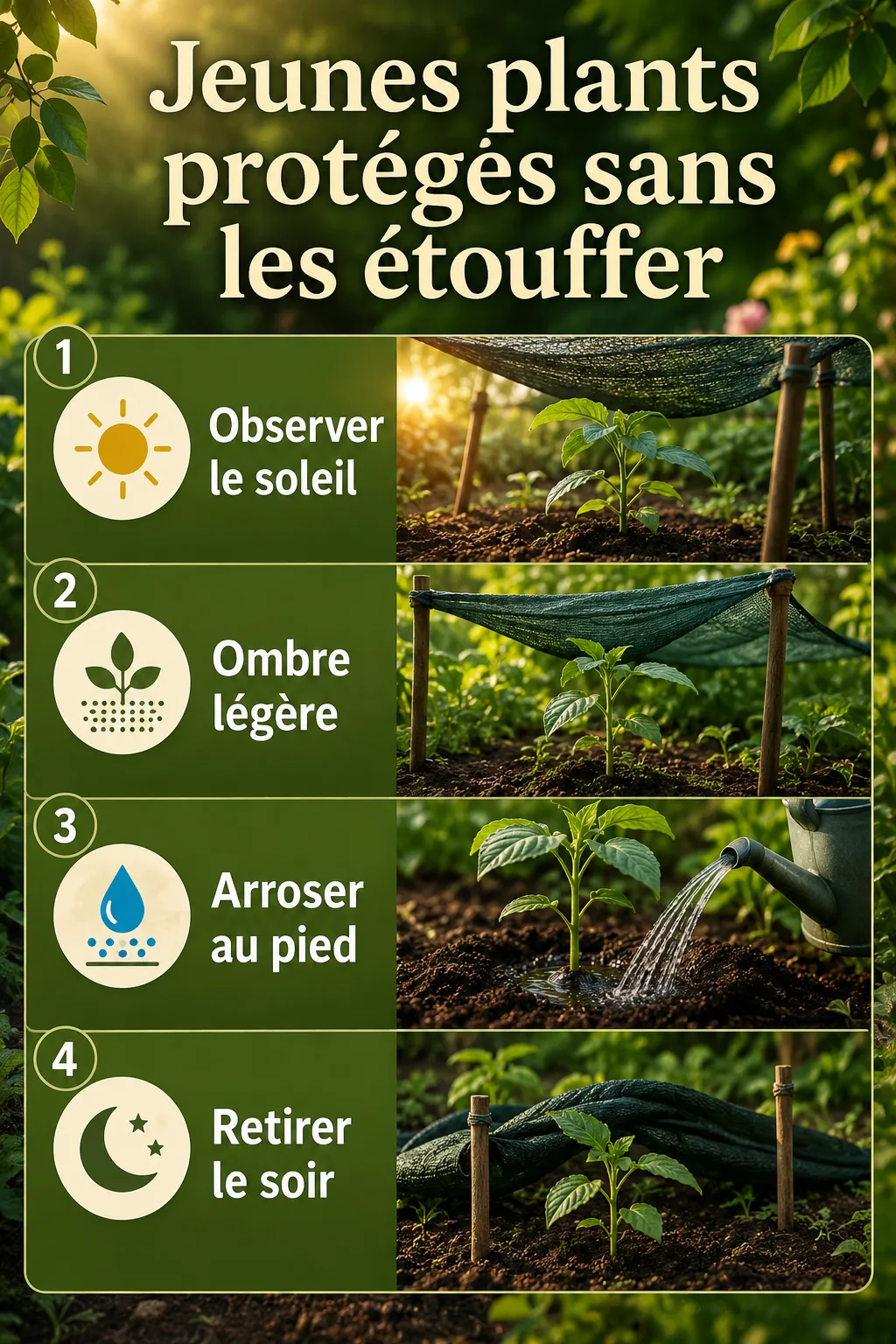 Infographie étapes pour protéger les jeunes plants du soleil
