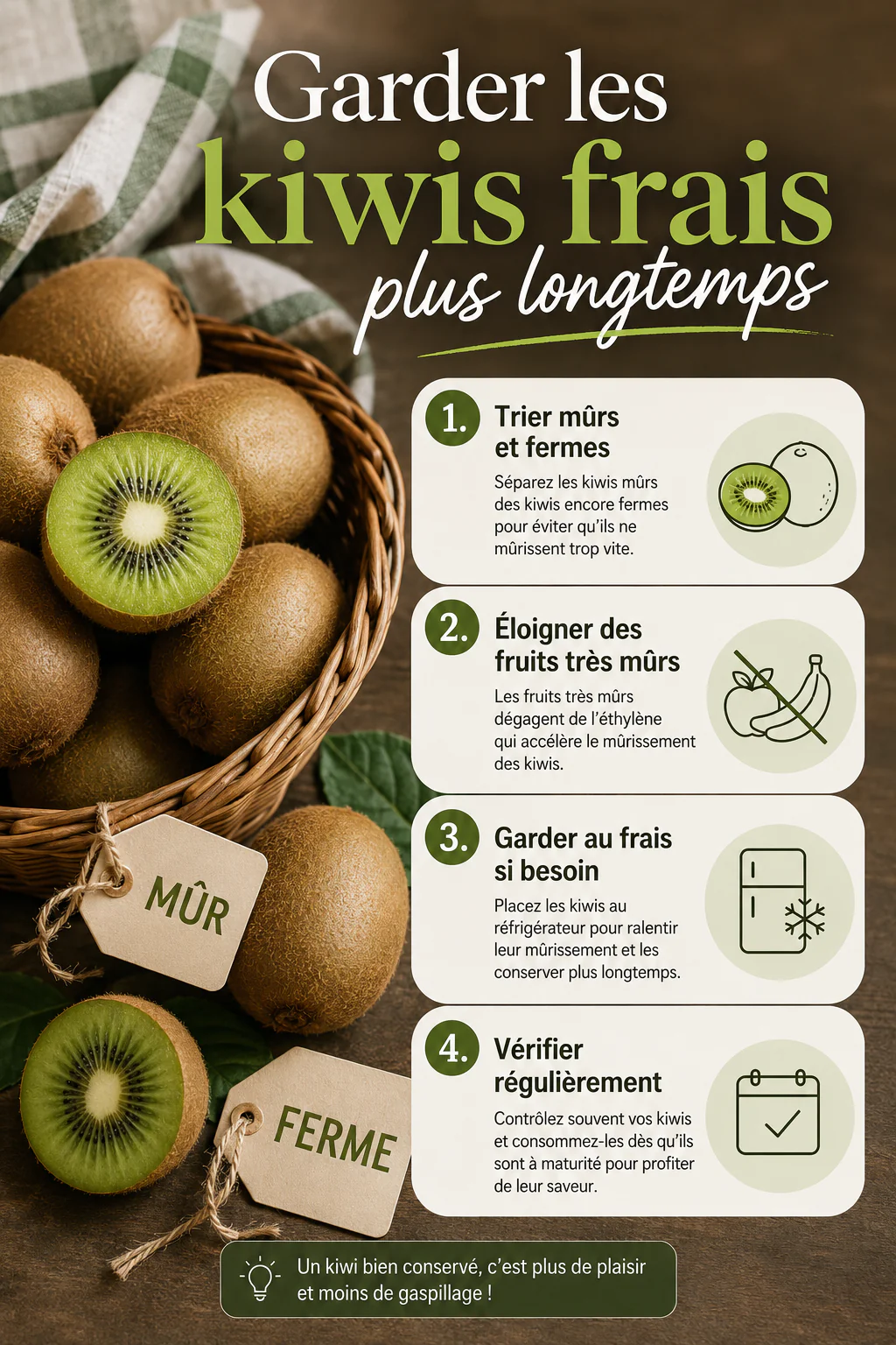 Infographie des étapes pour garder les kiwis frais plus longtemps