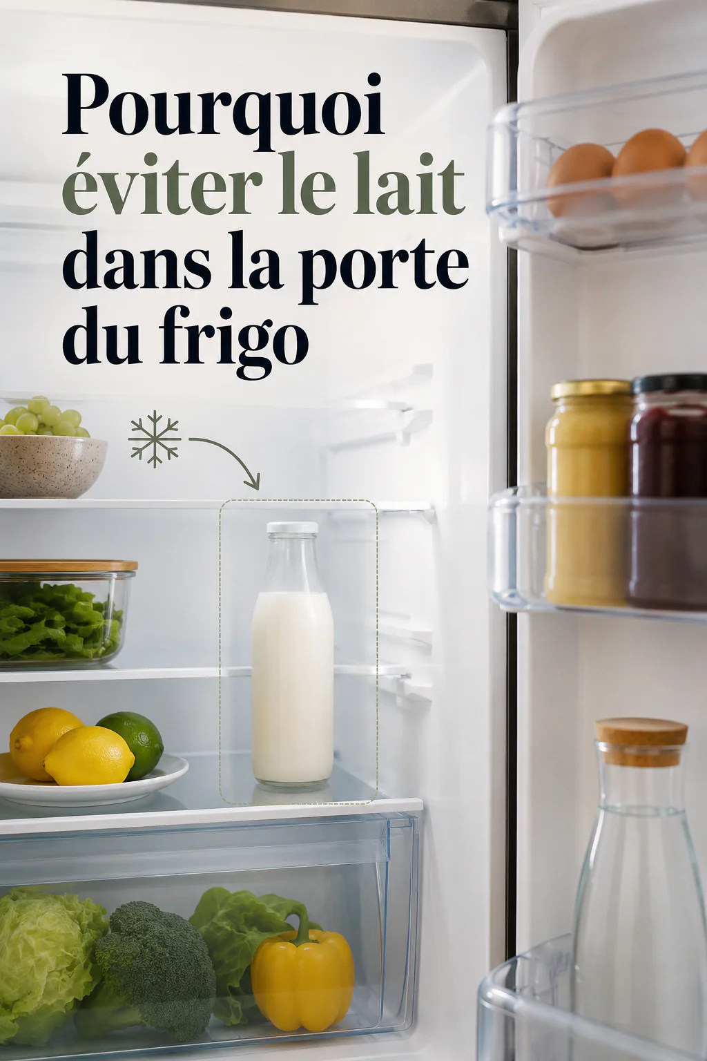 Visuel Pinterest expliquant pourquoi éviter de ranger le lait dans la porte du frigo