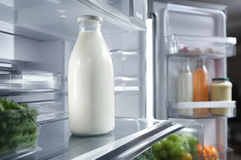 Bouteille de lait rangée sur une étagère intérieure froide du réfrigérateur