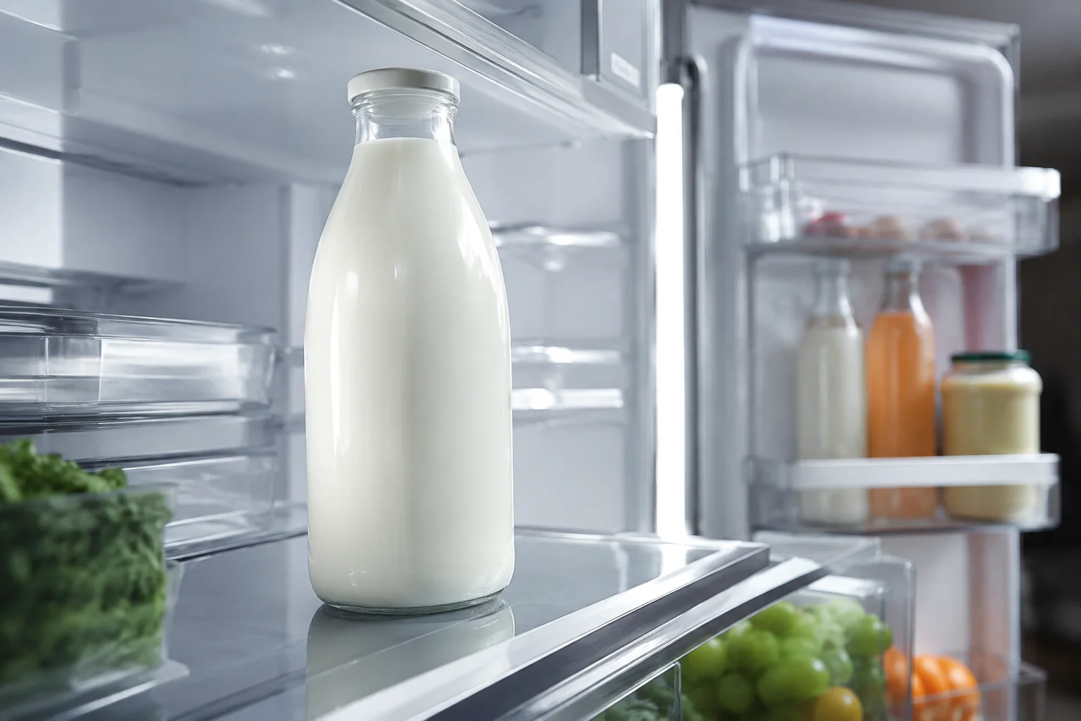 Bouteille de lait rangée sur une étagère intérieure froide du réfrigérateur