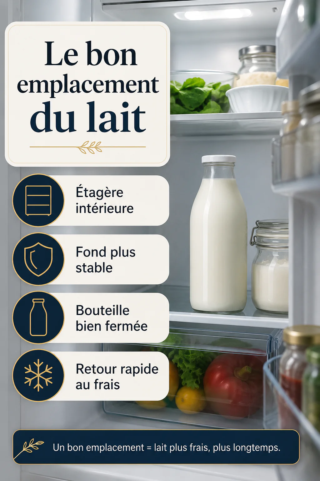 Infographie indiquant le bon emplacement du lait dans le réfrigérateur