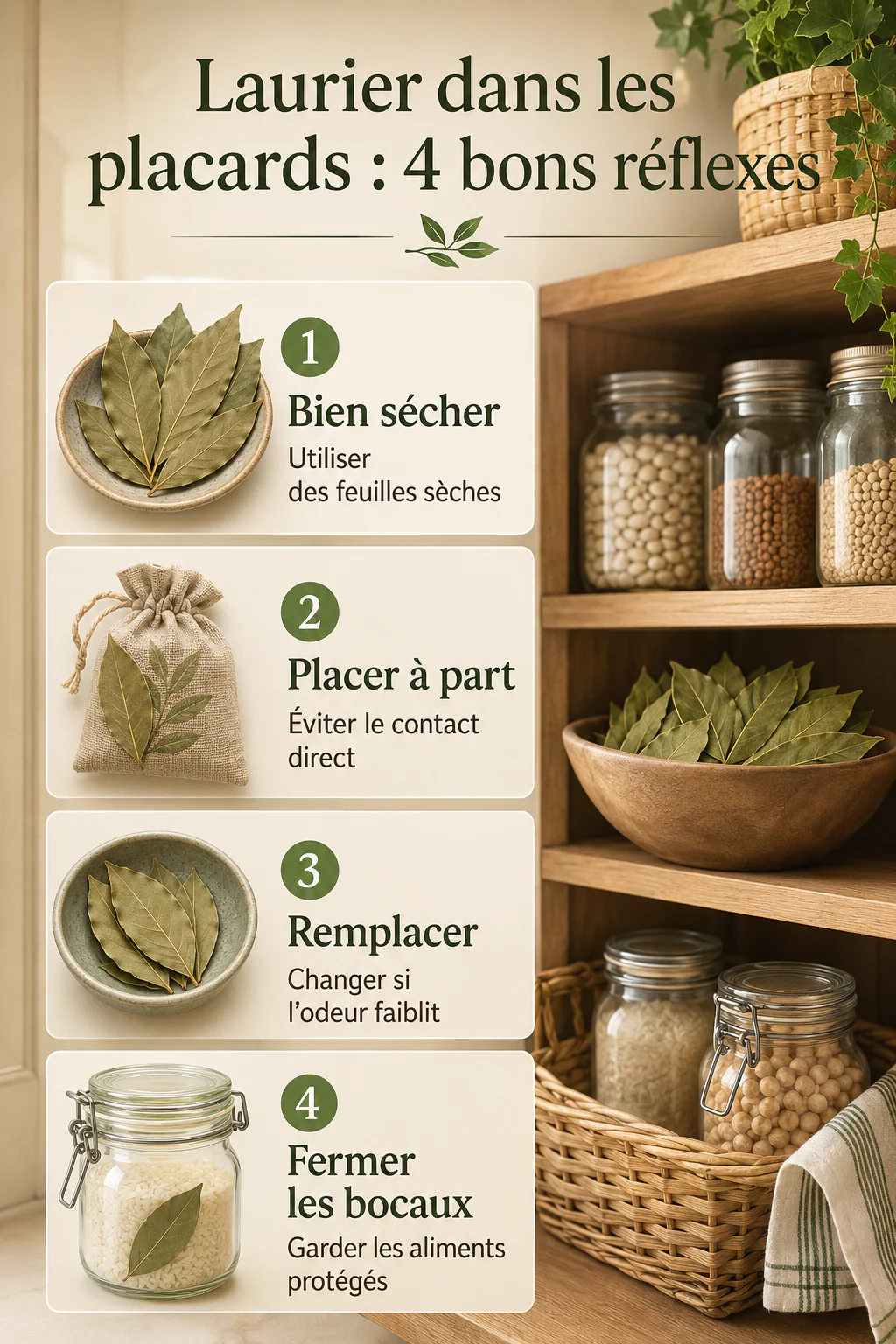 Infographie avec les bons réflexes pour utiliser le laurier dans les placards