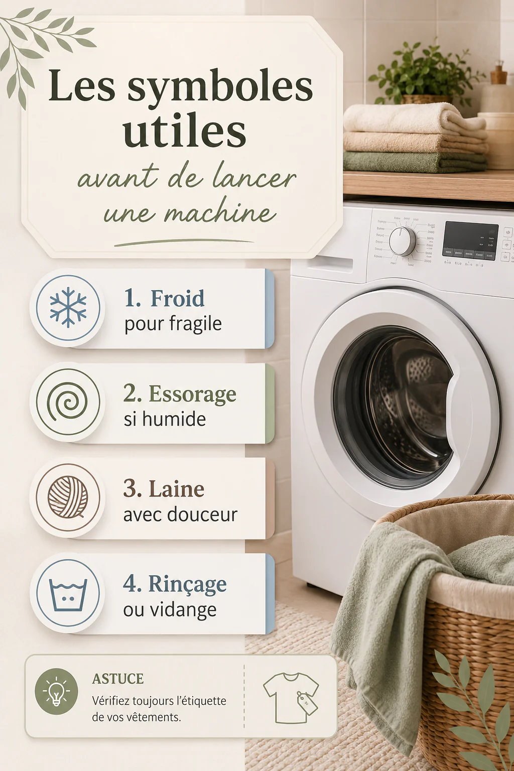 Infographie avec les principaux symboles utiles du lave-linge avant de lancer une machine