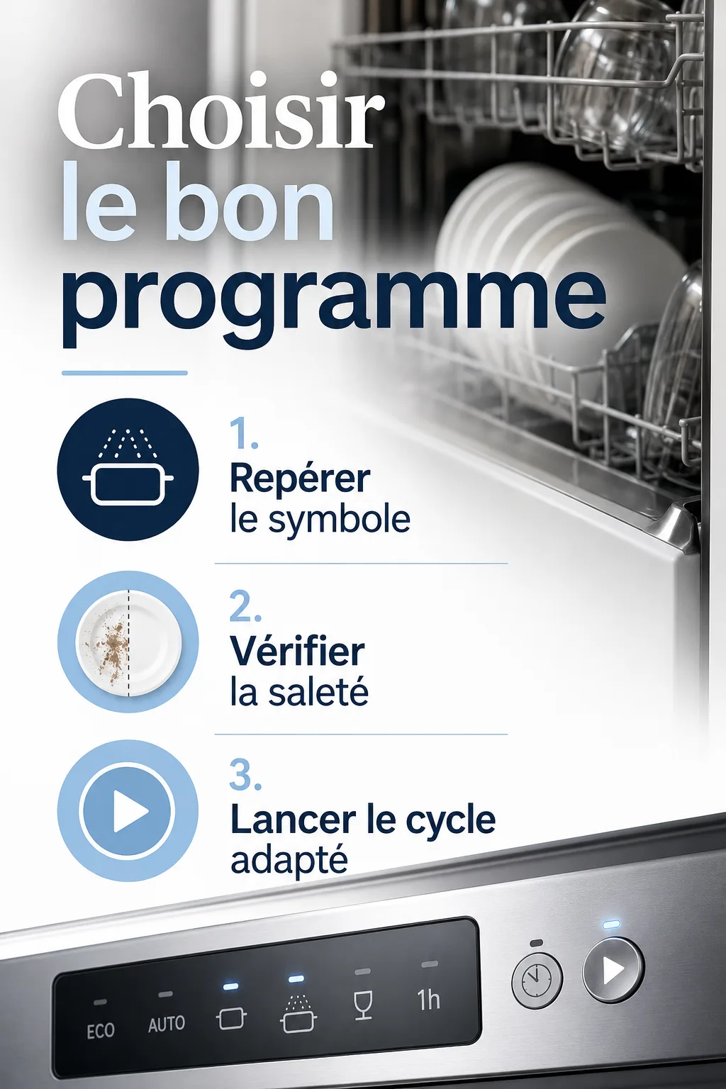 Infographie avec trois etapes pour choisir un programme de lave-vaisselle