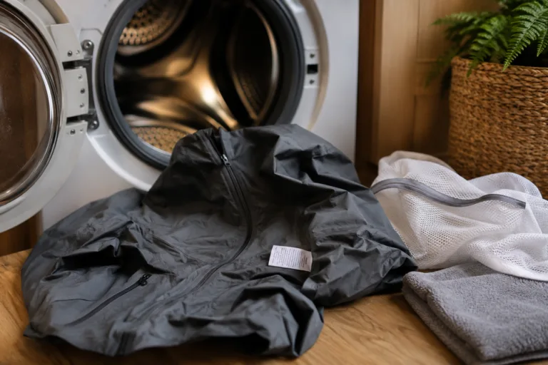 Veste synthétique préparée près d'une machine à laver avant un lavage doux