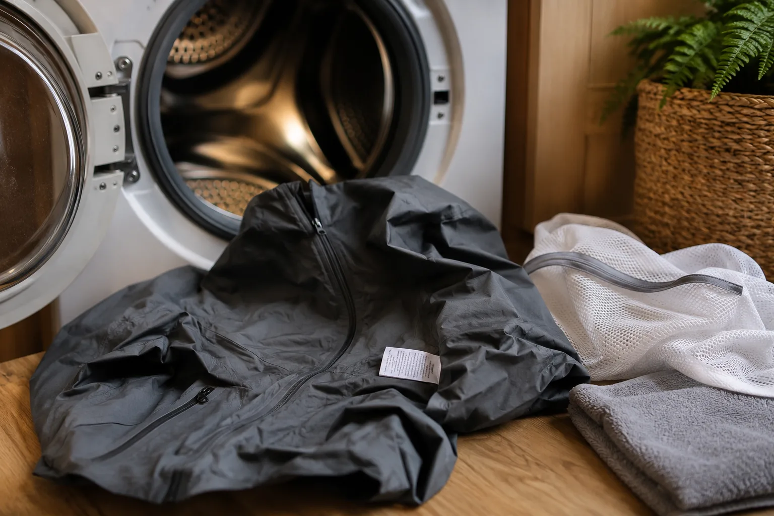 Veste synthétique préparée près d'une machine à laver avant un lavage doux
