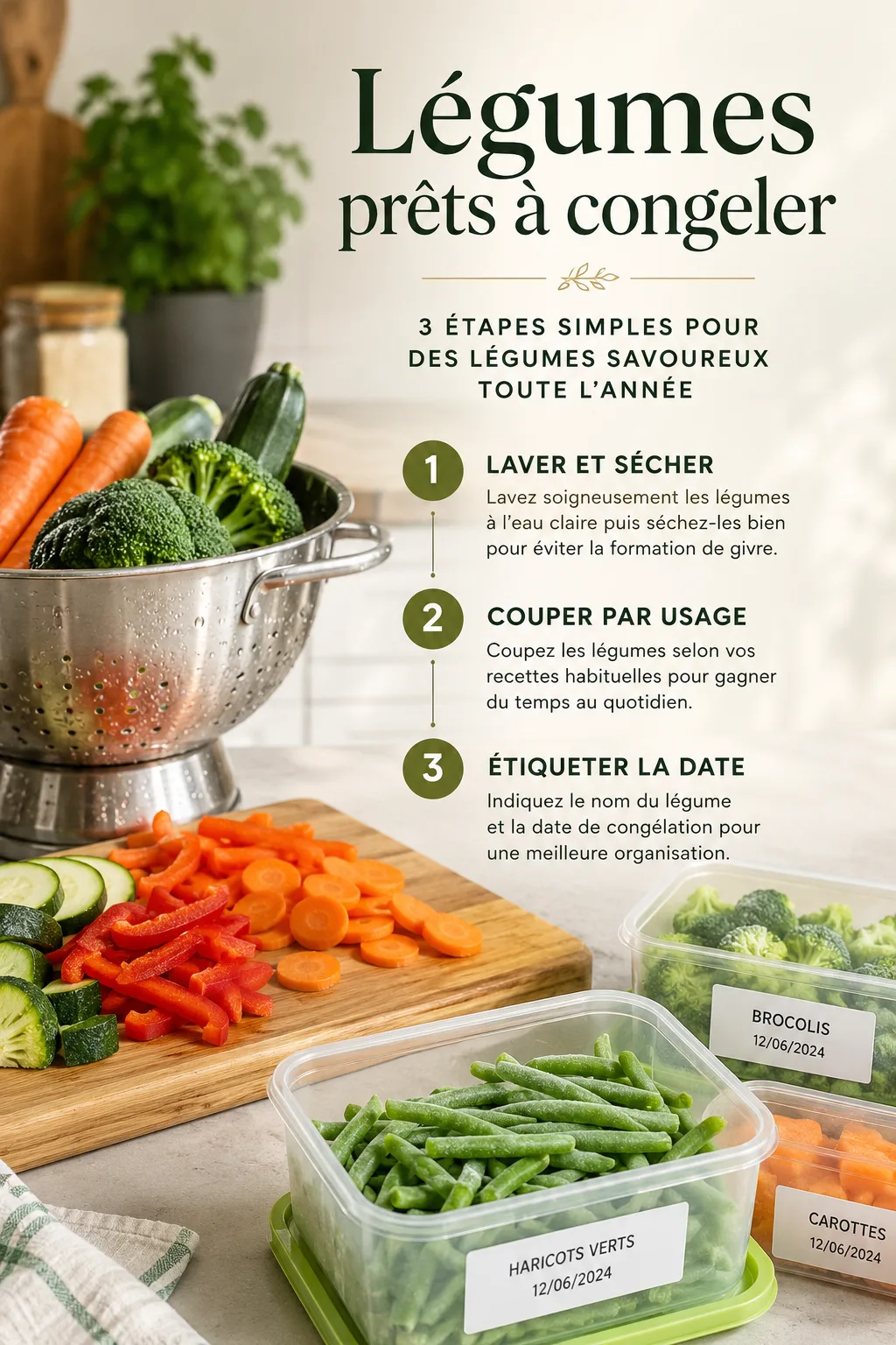 Infographie des étapes simples pour préparer des légumes à congeler