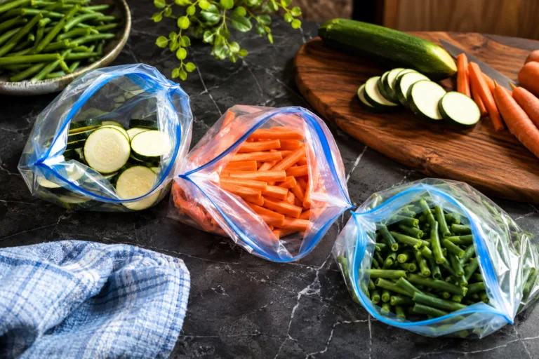 Légumes frais coupés et sachets prêts pour la congélation