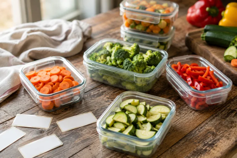 Légumes frais coupés et préparés dans des contenants avant congélation