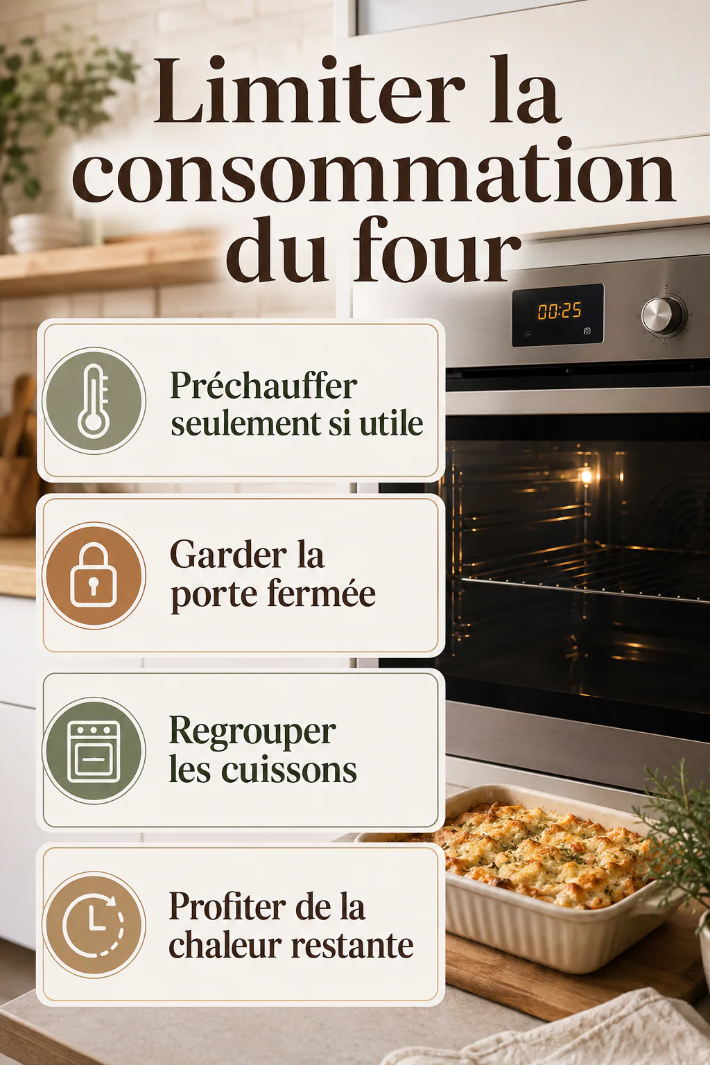 Infographie présentant quatre gestes pour mieux utiliser un four électrique