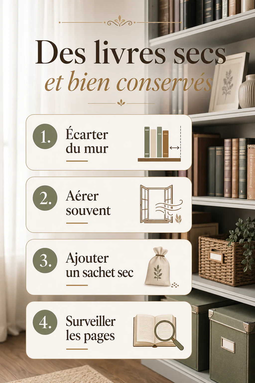Infographie avec les étapes pour garder les livres au sec