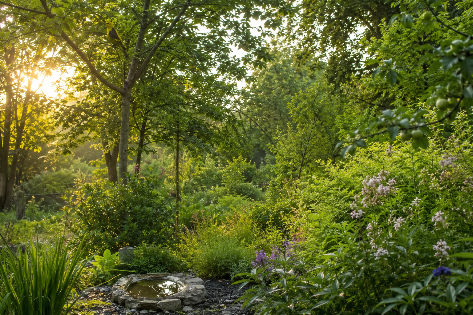 Loriot d'Europe perché dans un jardin vivant avec grands arbres et point d'eau