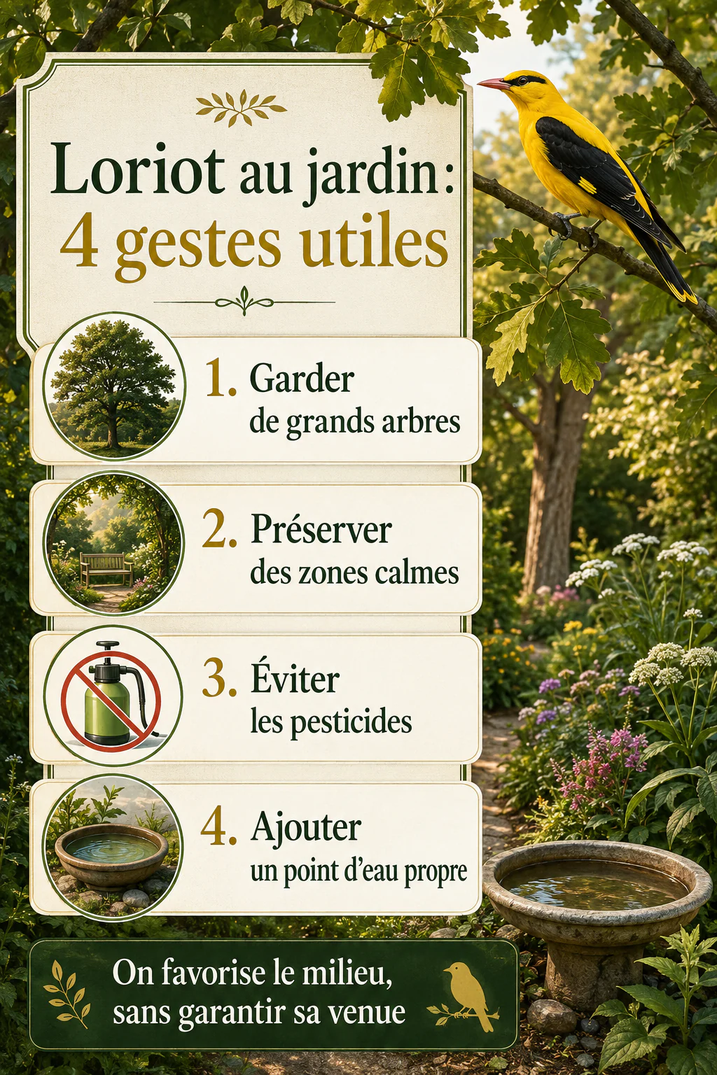 Infographie Loriot au jardin : 4 gestes utiles pour favoriser un jardin vivant