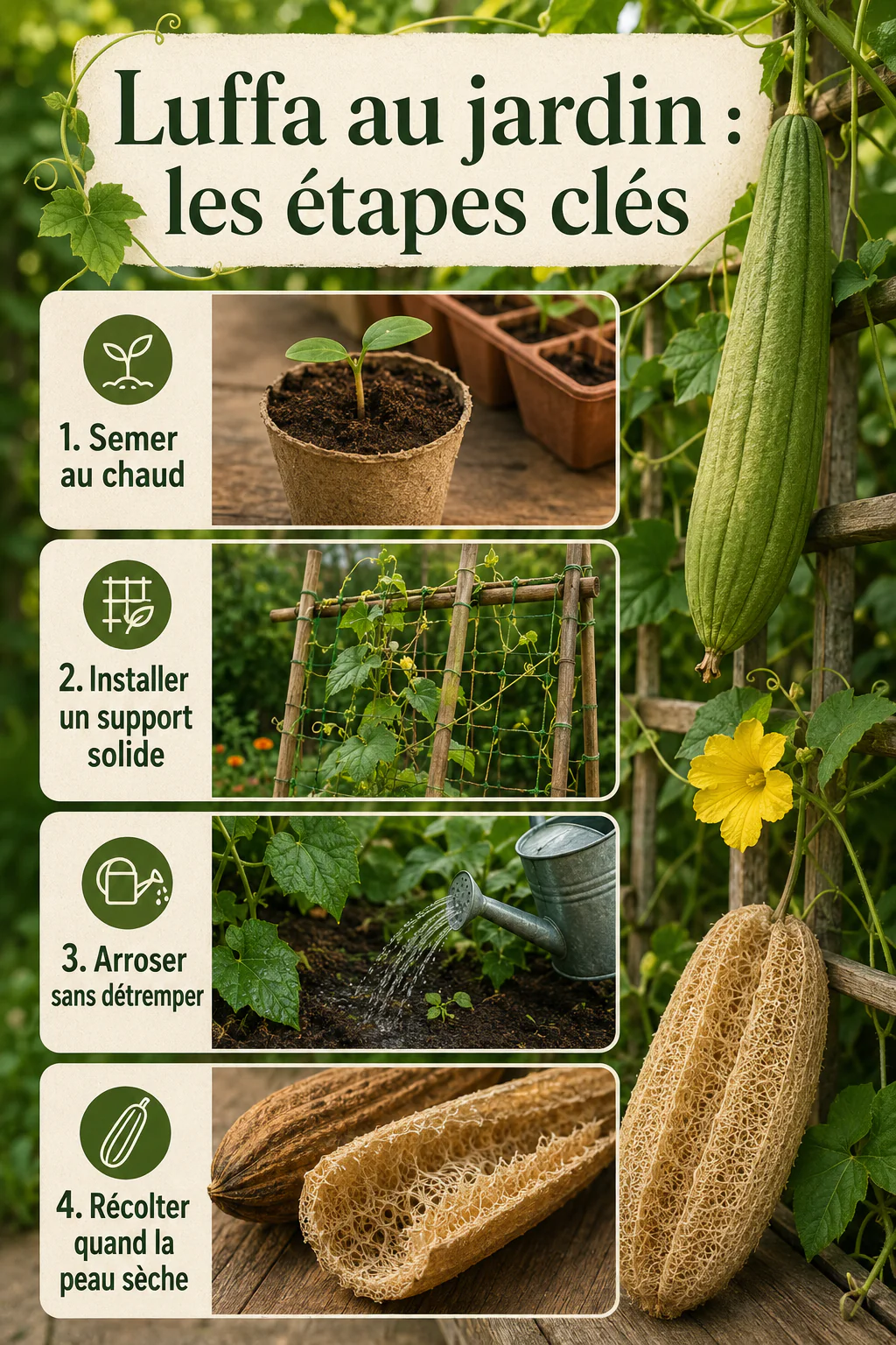 Infographie des étapes pour cultiver la courge luffa au jardin
