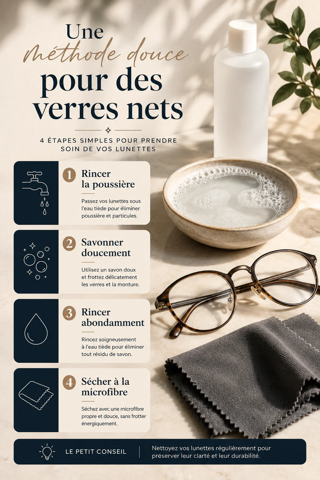 Infographie avec les étapes pour nettoyer des lunettes sans rayer les verres
