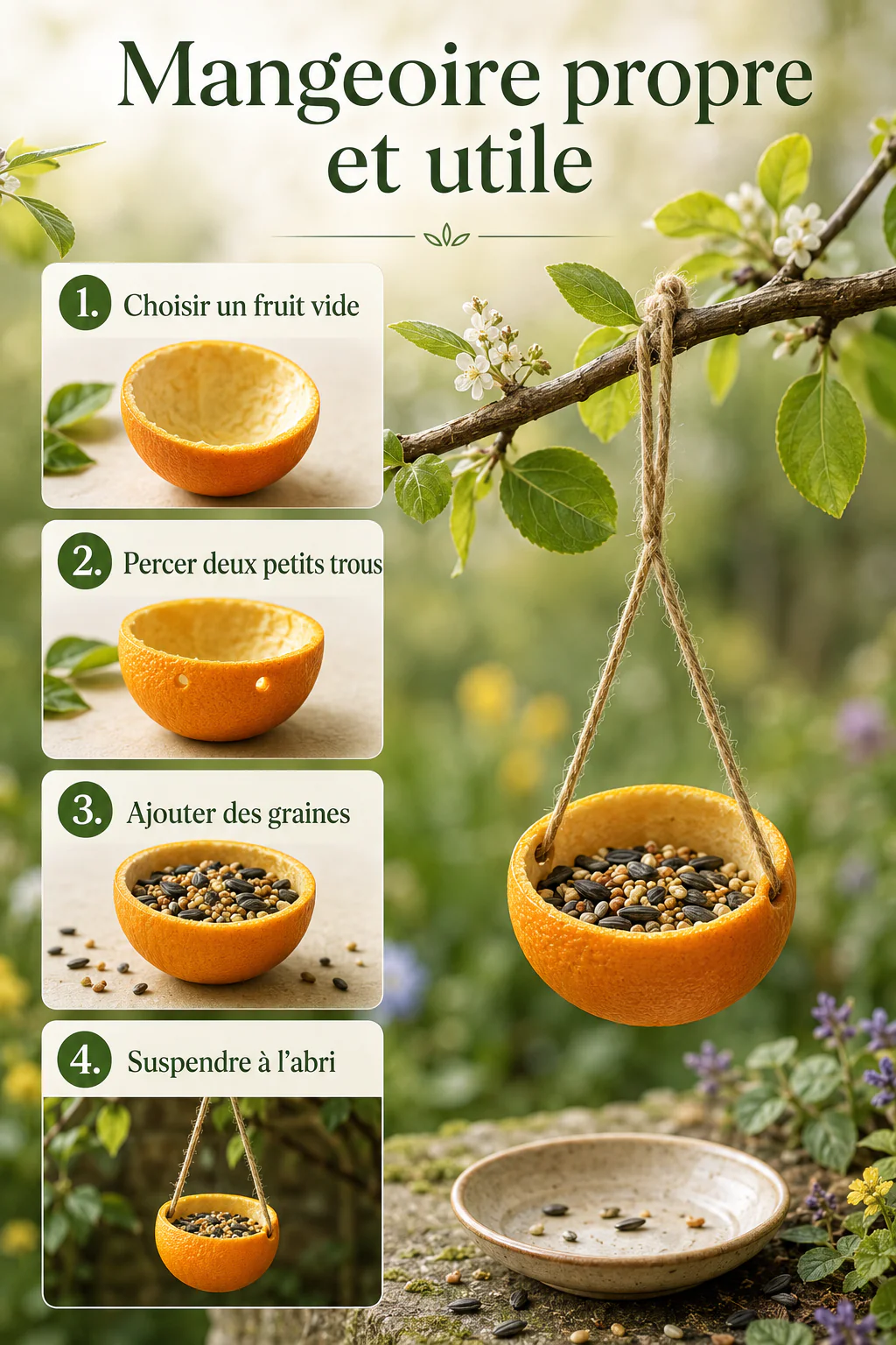 Infographie avec quatre gestes pour créer une mangeoire simple pour oiseaux