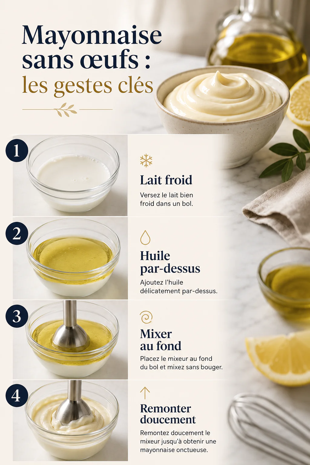 Infographie des gestes clés pour une mayonnaise sans œufs
