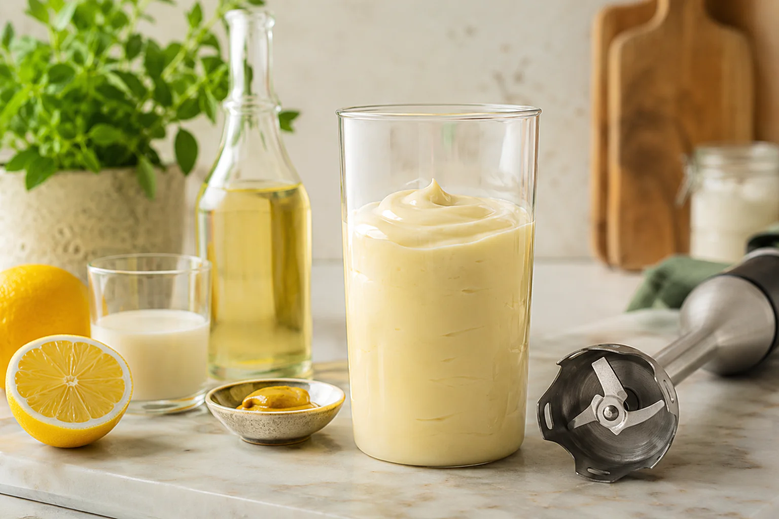 Mayonnaise maison sans œufs préparée avec lait froid huile citron et moutarde