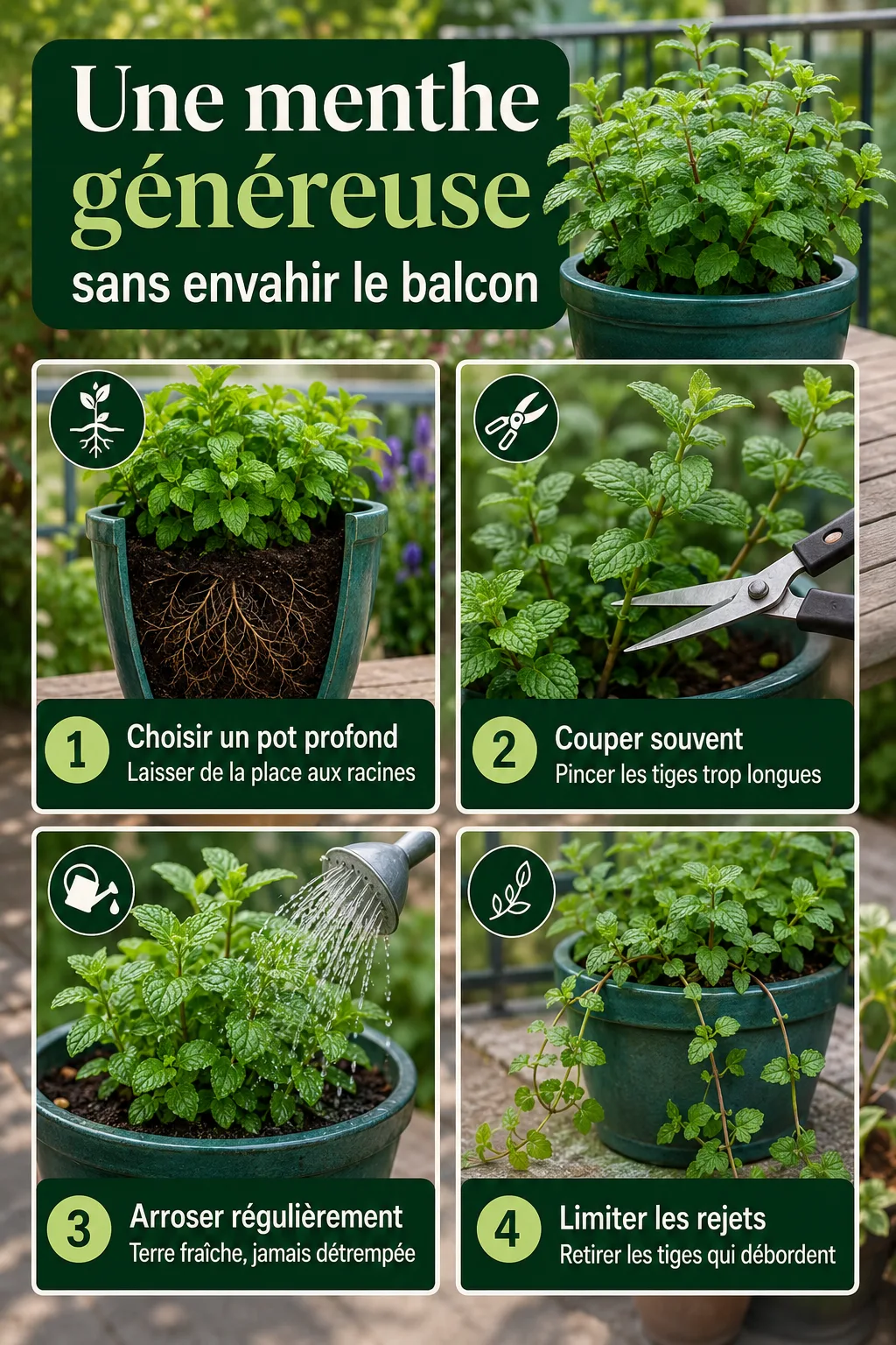 Infographie des gestes pour garder une menthe en pot maîtrisée