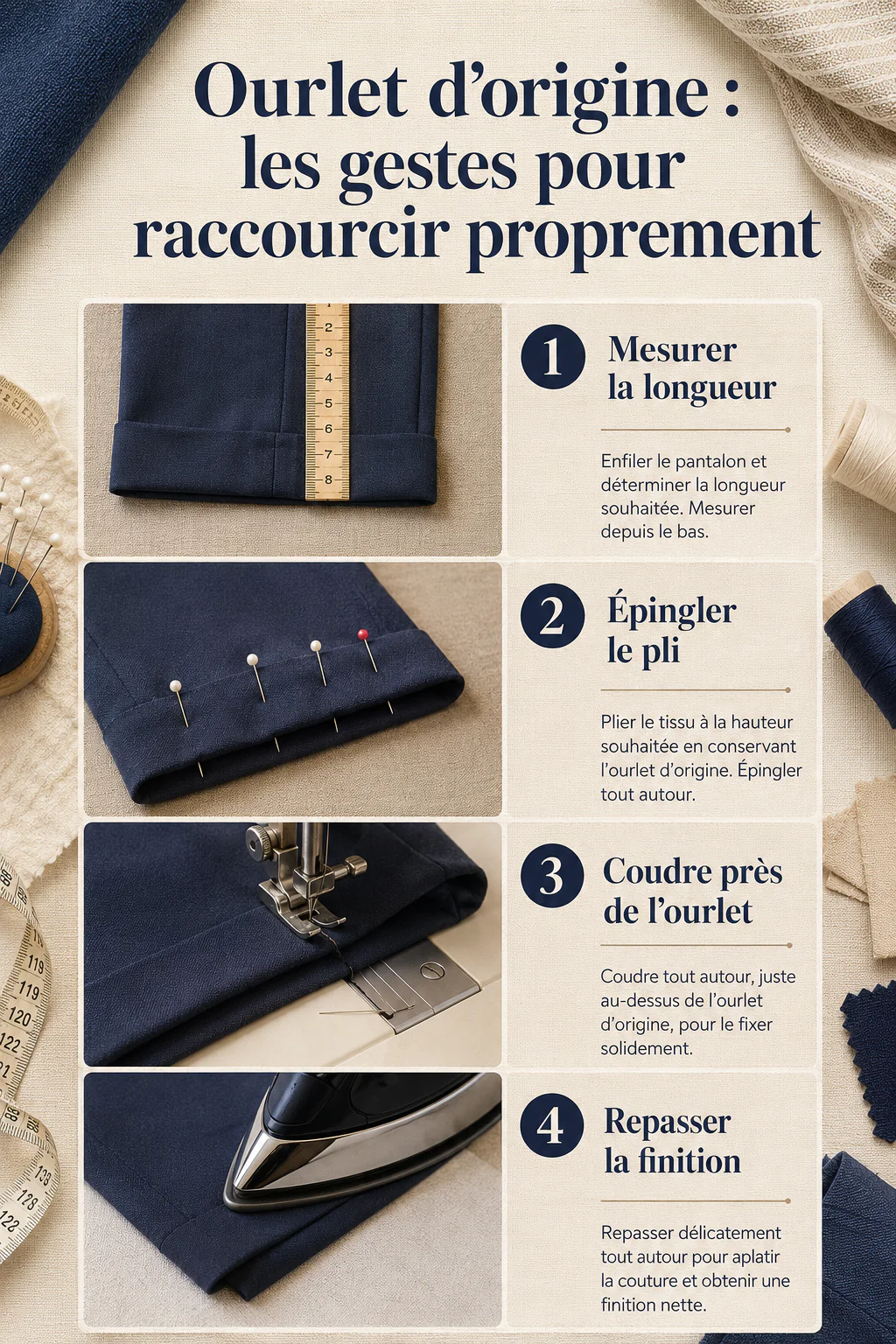 Infographie pour raccourcir un pantalon en gardant l'ourlet d'origine