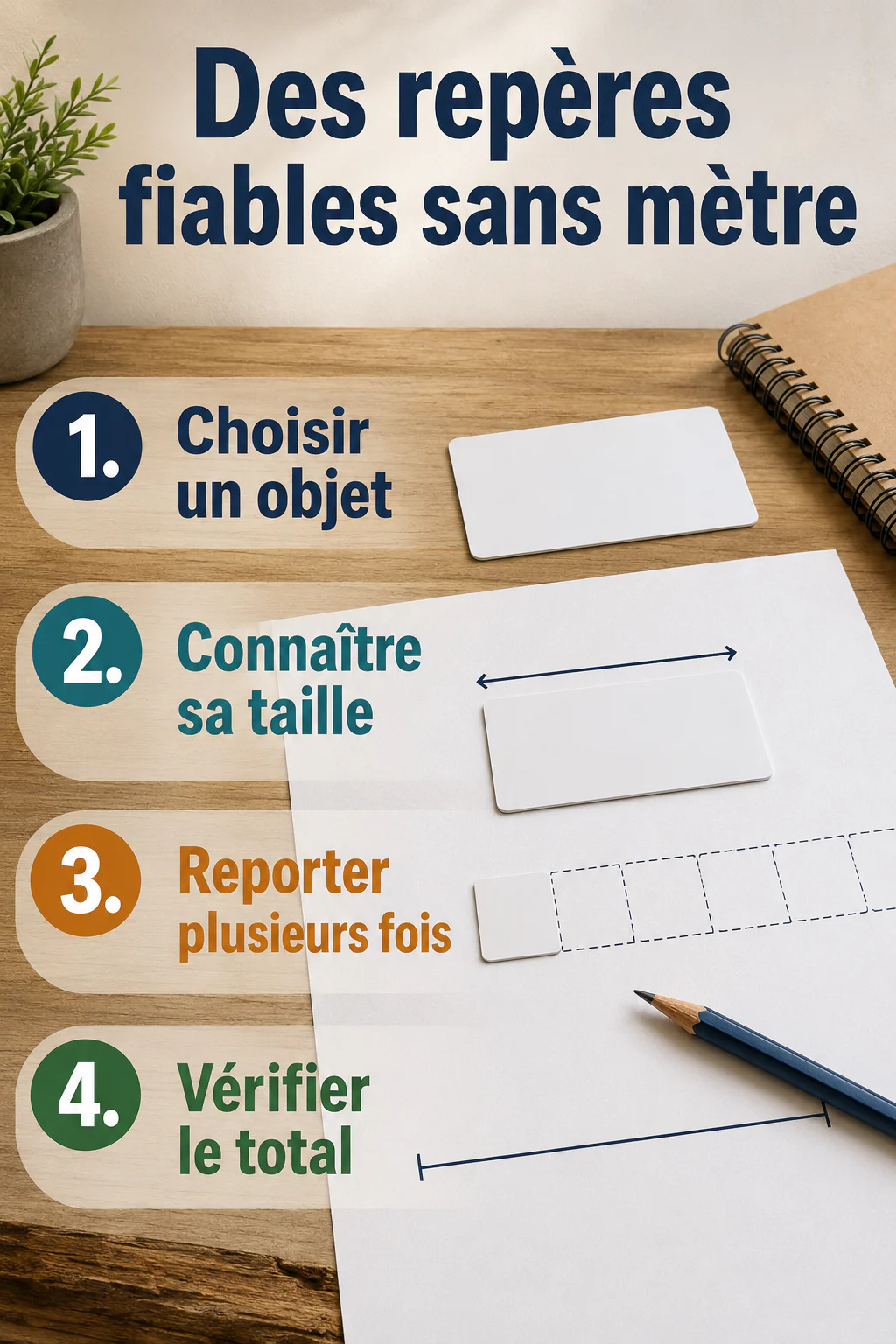 Infographie des étapes pour mesurer sans mètre avec des repères simples