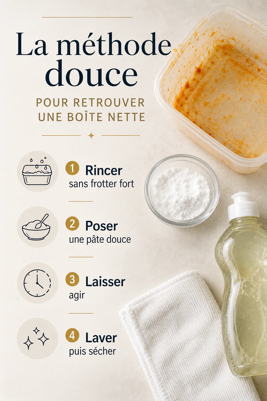 Infographie de la méthode douce pour retrouver une boîte plastique nette