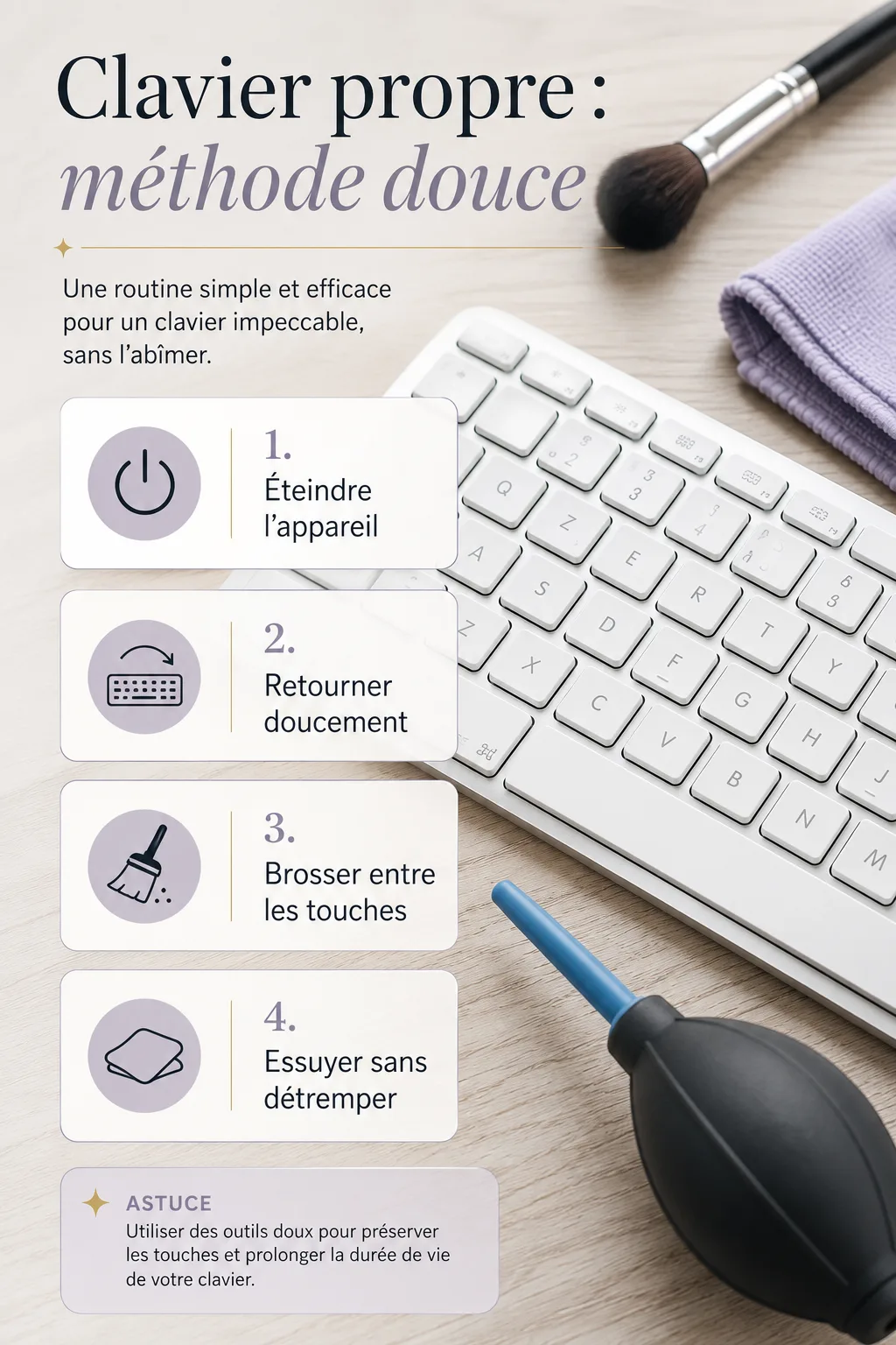 Infographie méthode douce pour nettoyer un clavier d'ordinateur