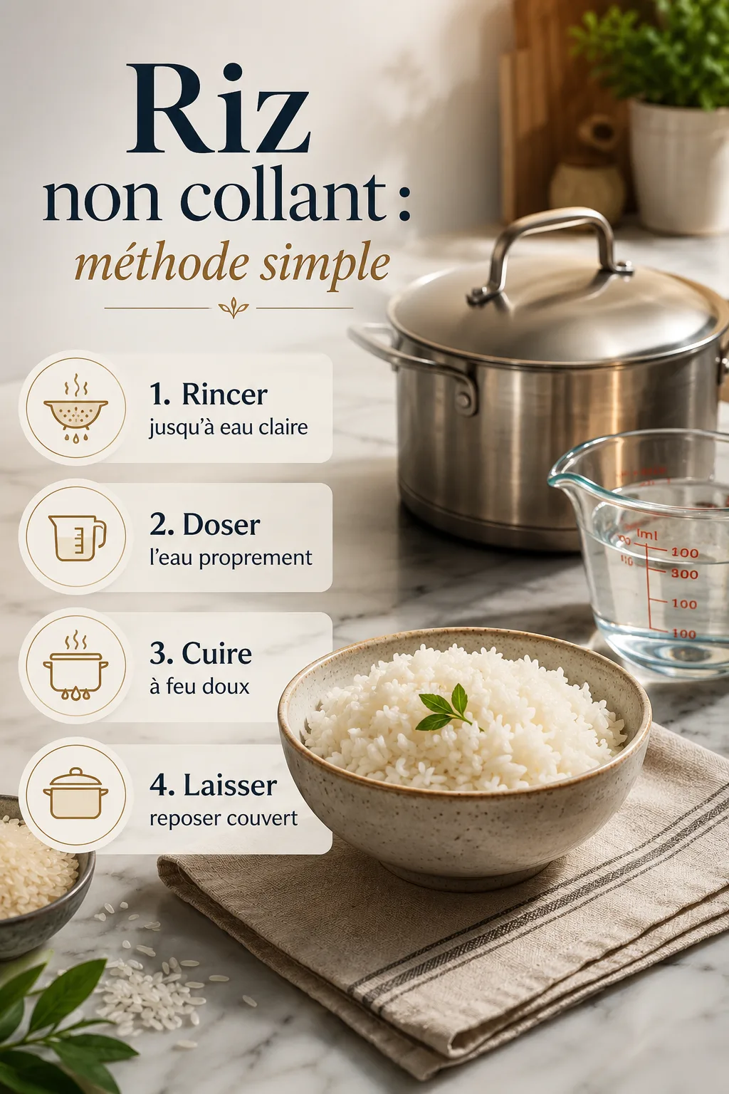Infographie méthode simple pour réussir un riz non collant