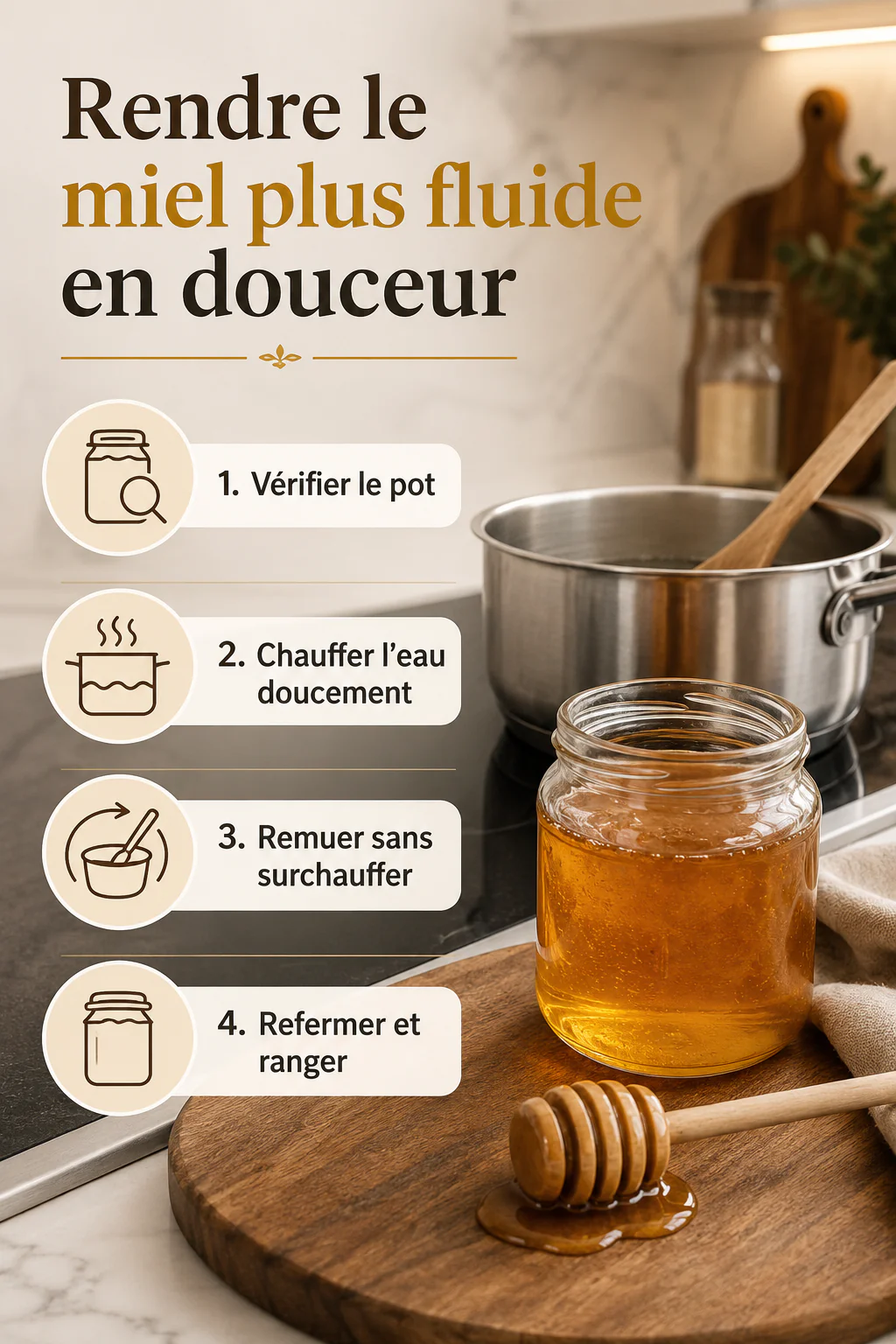 Infographie avec les étapes pour rendre le miel plus fluide en douceur