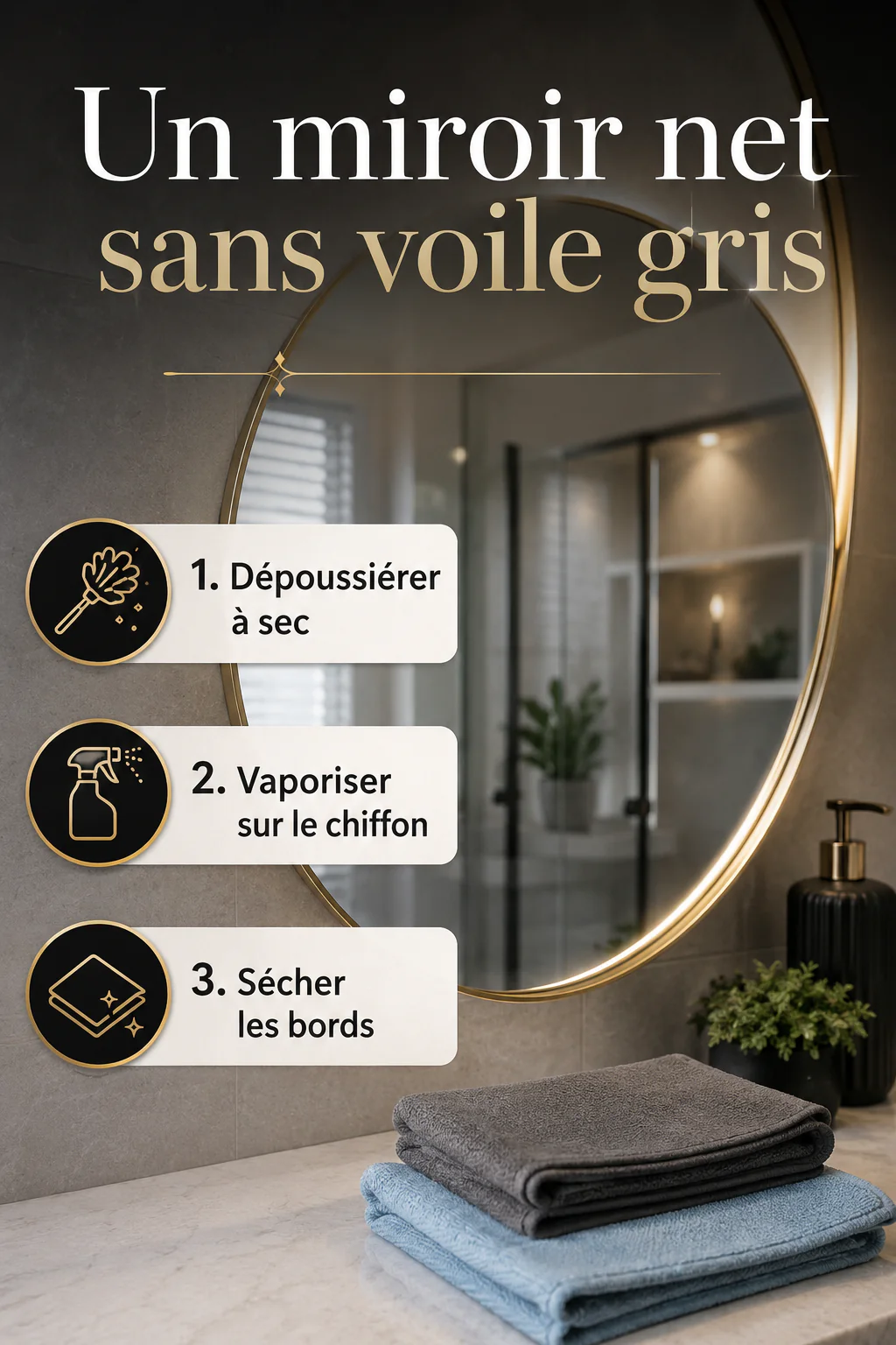 Infographie étapes pour nettoyer un miroir sans voile gris