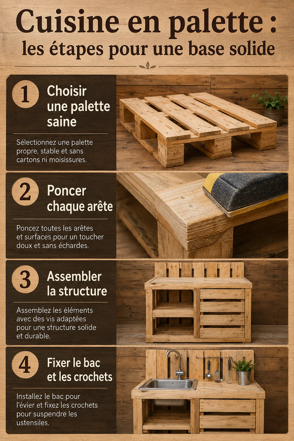 Infographie des étapes pour monter une cuisine en palette stable