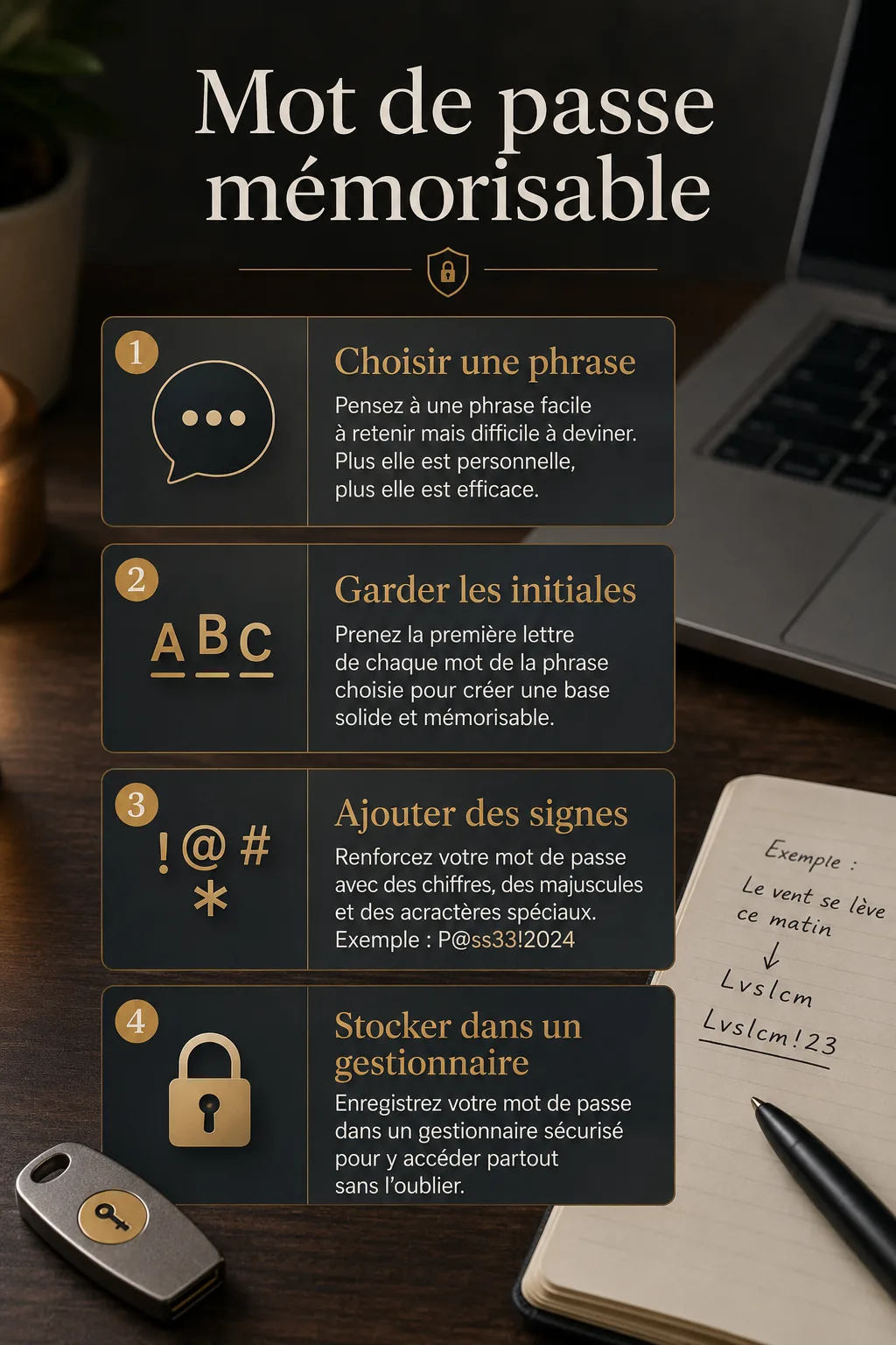 Infographie avec les gestes pour créer un mot de passe mémorisable