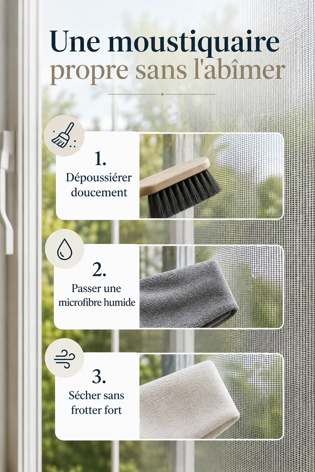 Infographie des étapes pour nettoyer une moustiquaire sans l'abîmer