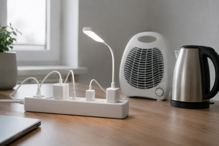 Multiprise propre avec petits appareils et appareils puissants non branchés à côté