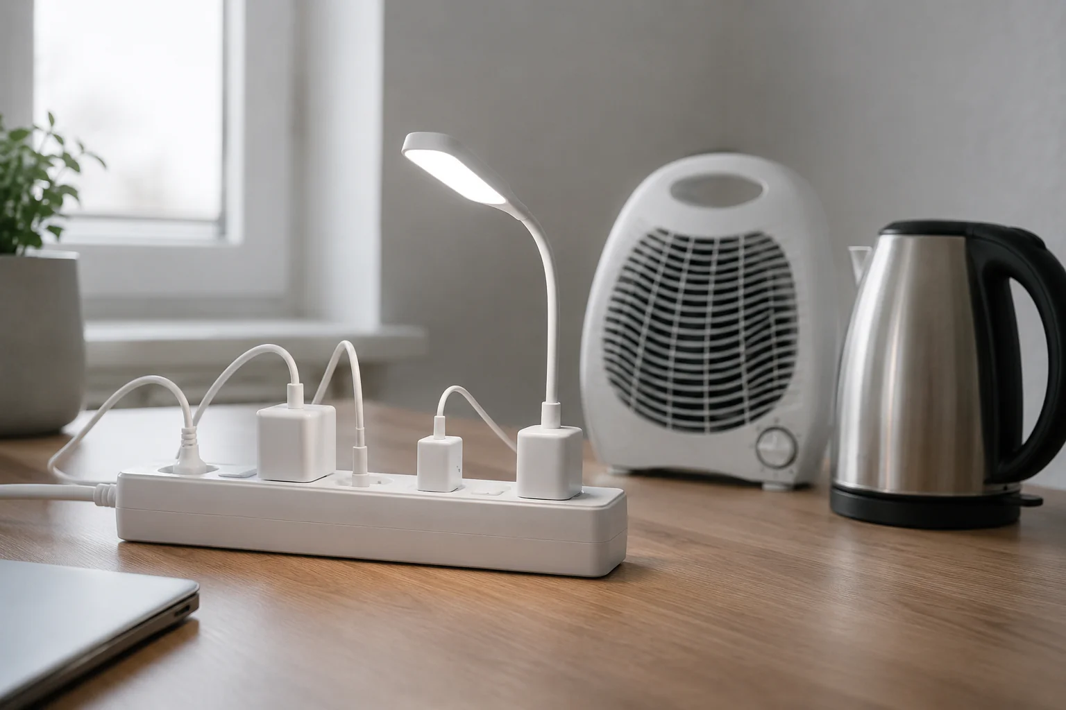 Multiprise propre avec petits appareils et appareils puissants non branchés à côté