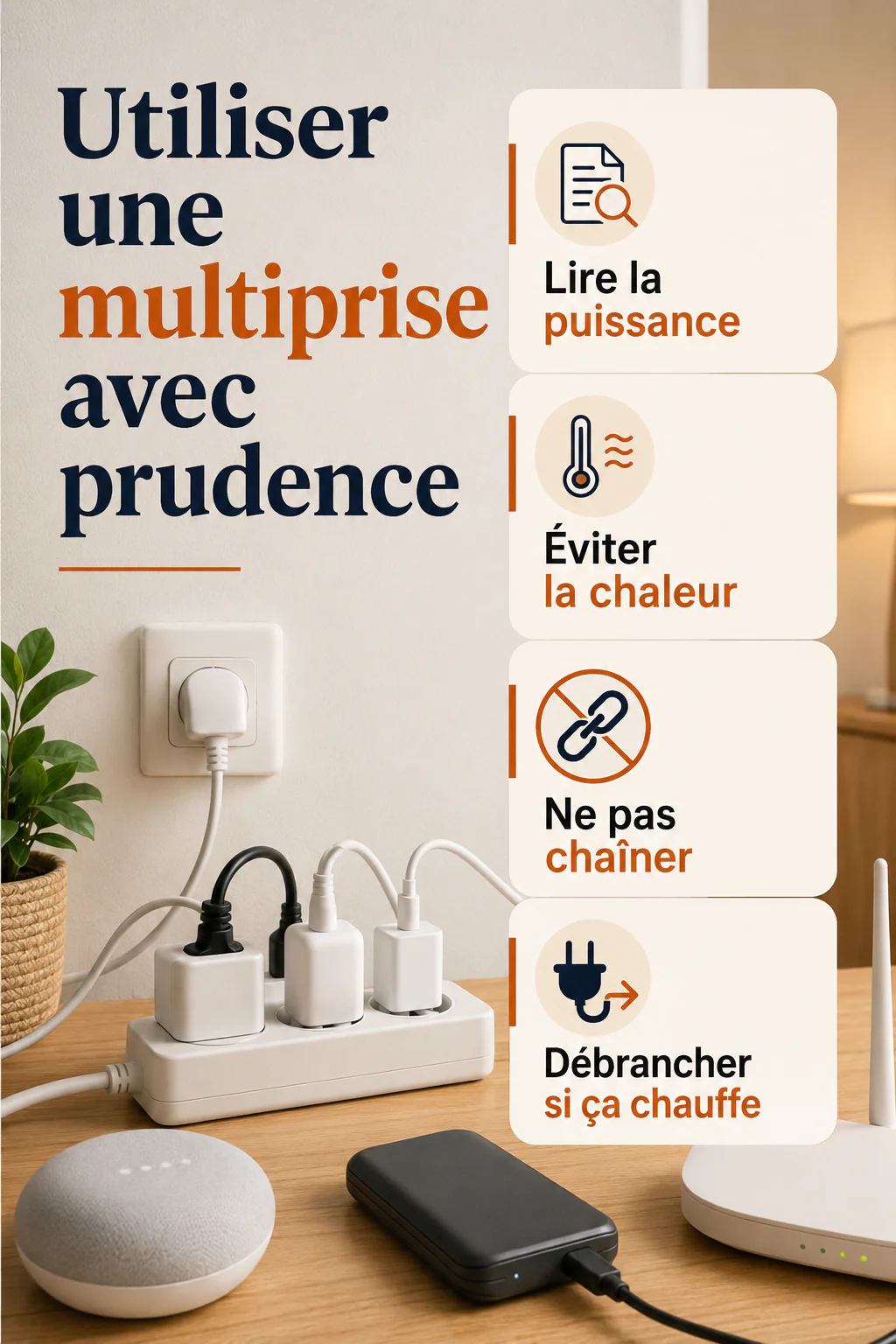 Infographie des précautions simples pour utiliser une multiprise avec prudence