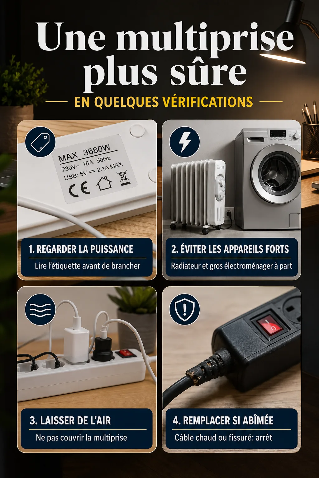 Infographie des vérifications simples pour utiliser une multiprise sans surcharge