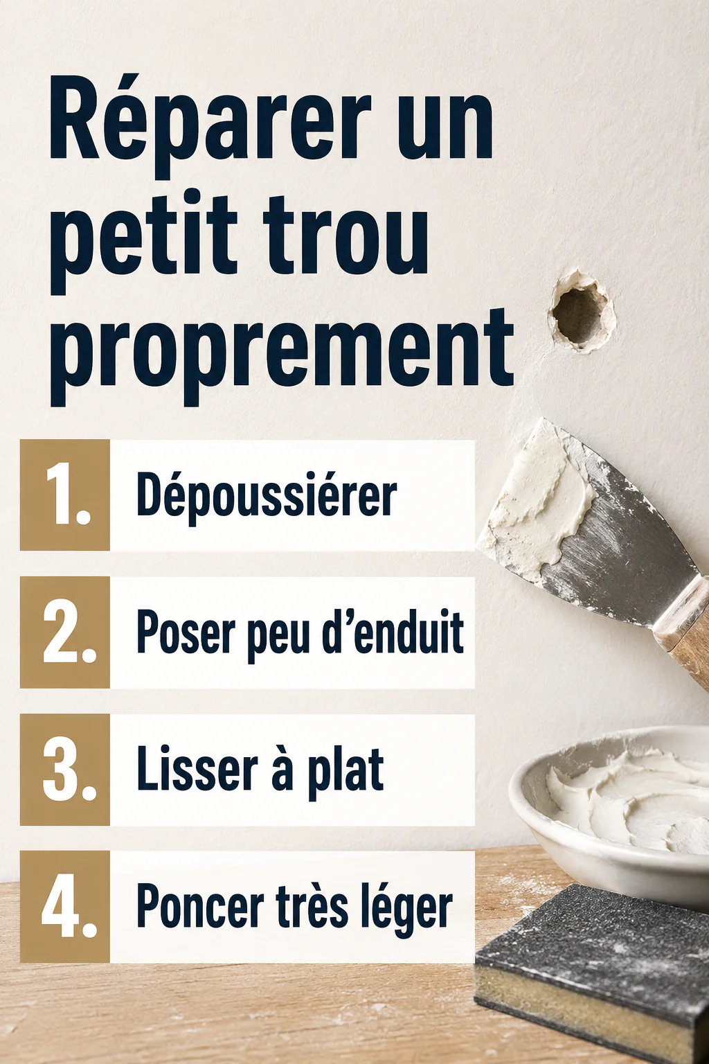 Infographie des étapes pour réparer un petit trou dans un mur proprement