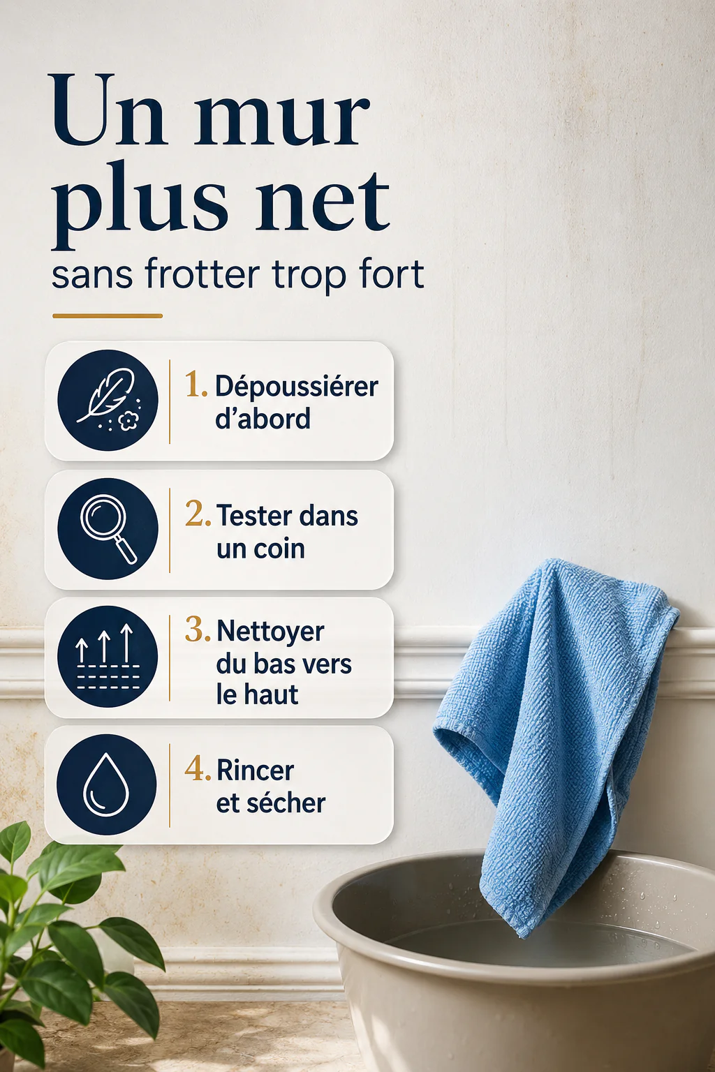 Infographie des étapes douces pour nettoyer un mur blanc jauni