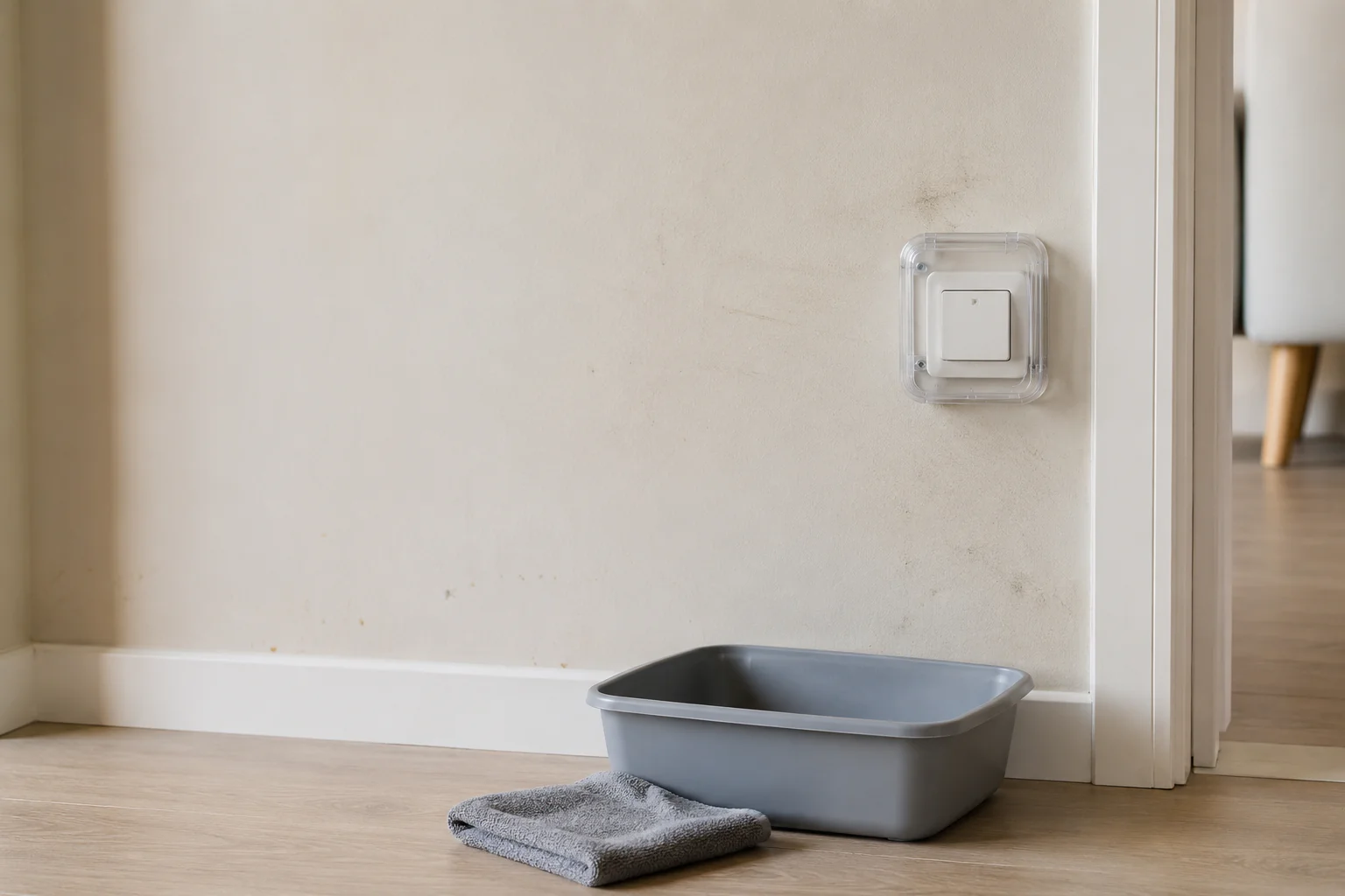 Mur blanc légèrement jauni avec chiffon microfibre et bassine de nettoyage