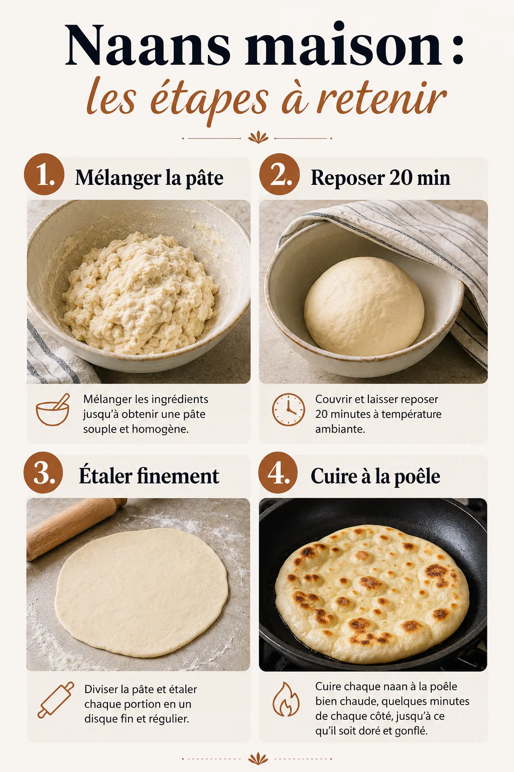 Étapes pour préparer des naans maison à la poêle : mélanger, reposer, étaler et cuire