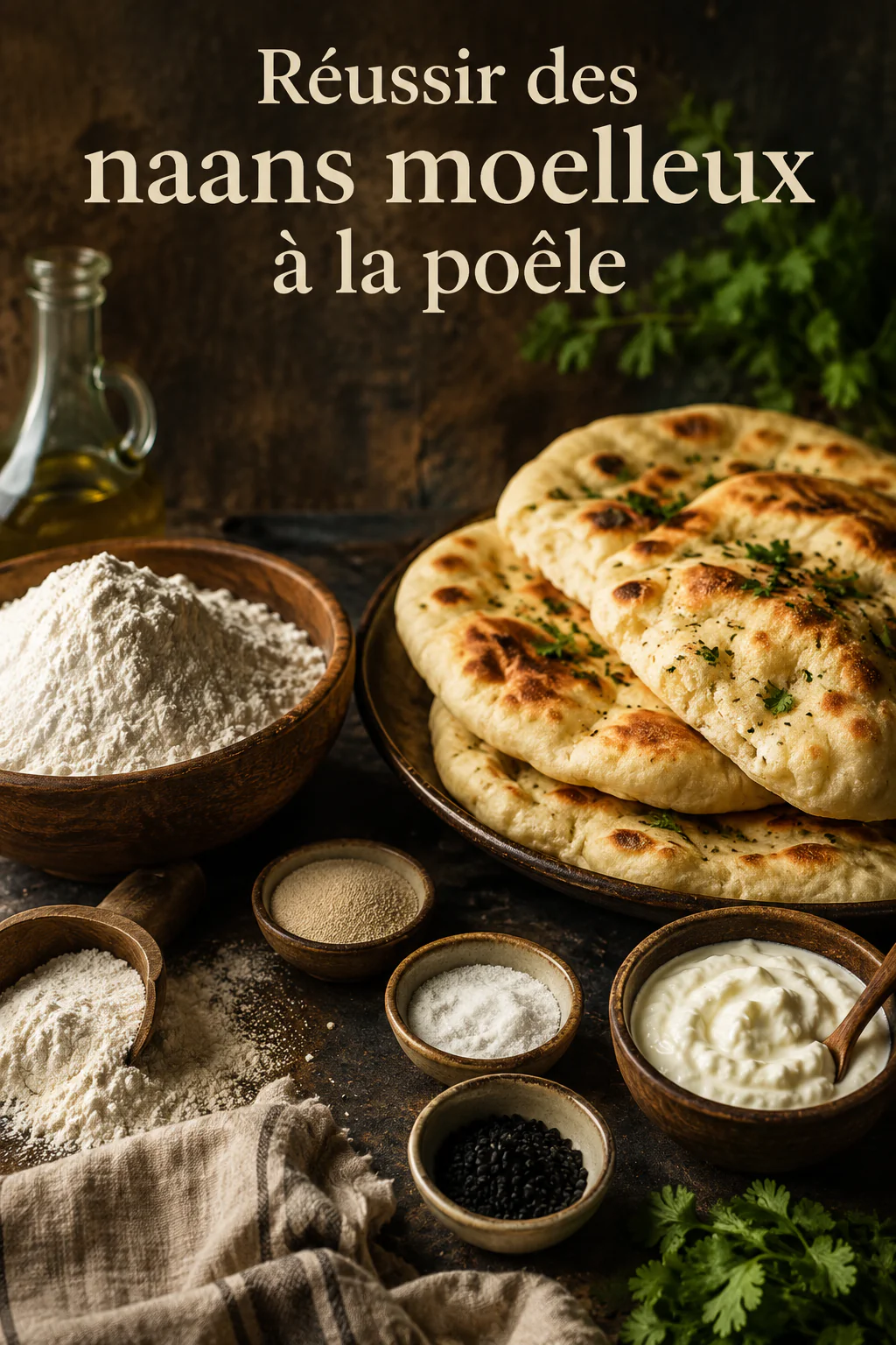 Naans maison moelleux cuits à la poêle avec farine, yaourt et herbes fraîches