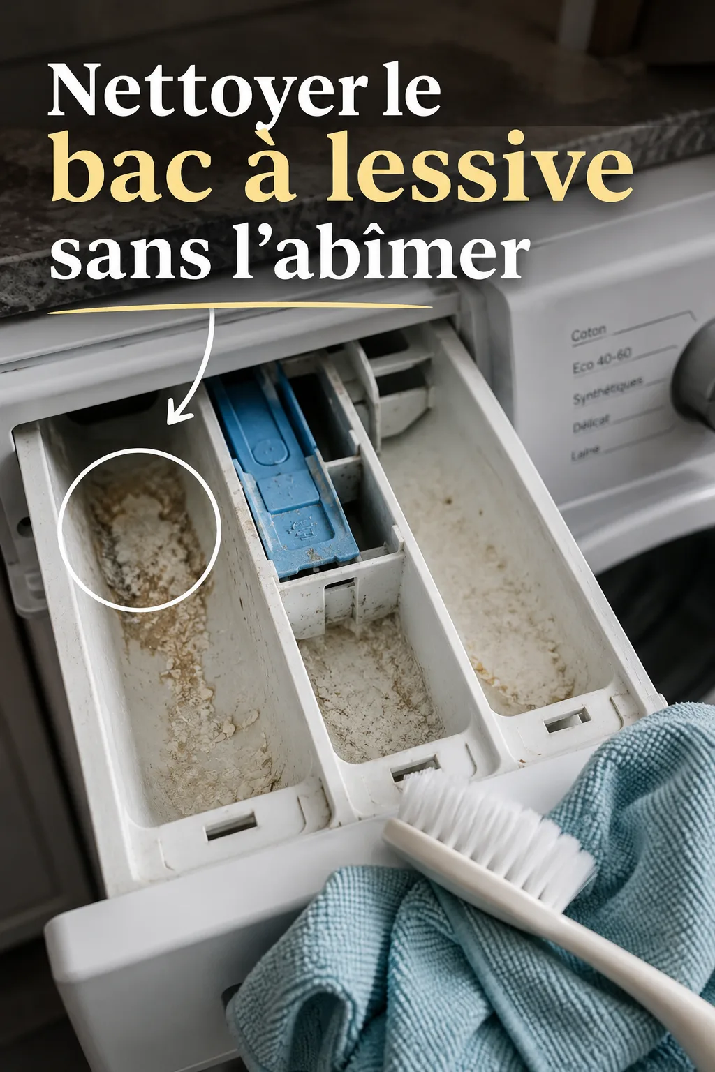 Image titre Pinterest pour nettoyer le bac à lessive sans l’abîmer