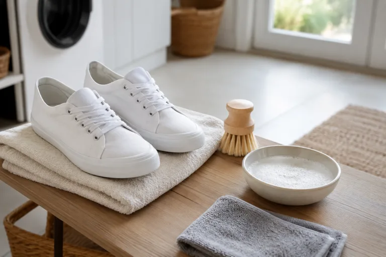Baskets blanches posées avec une brosse douce un chiffon et de l'eau savonneuse