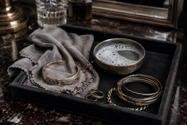 Bijoux en argent avec chiffon doux et eau savonneuse pour un nettoyage prudent